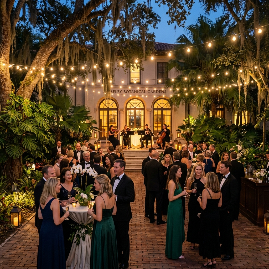 An elegant evening event at a Sarasota museum courtyard with a sophisticated crowd and live classical music