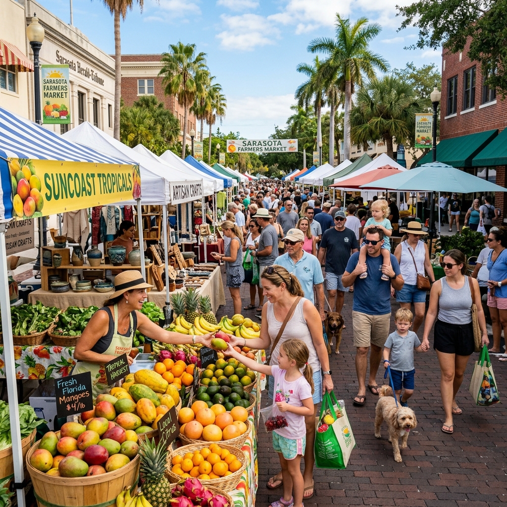 A lively outdoor farmers market in Sarasota with vendors selling fresh tropical produce