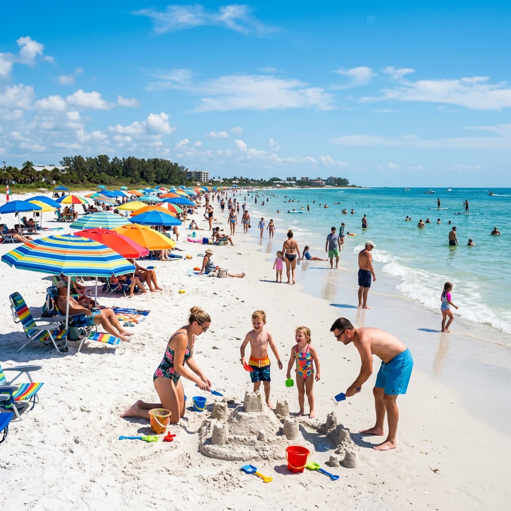 Families enjoying a bright sunny day at a lively Southwest Florida beach with umbrellas and sandcastles