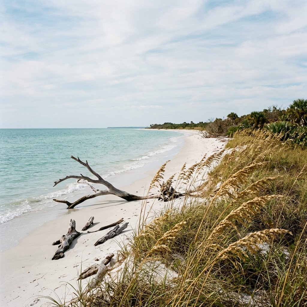 A secluded and peaceful stretch of a Southwest Florida beach with native sea oats and driftwood