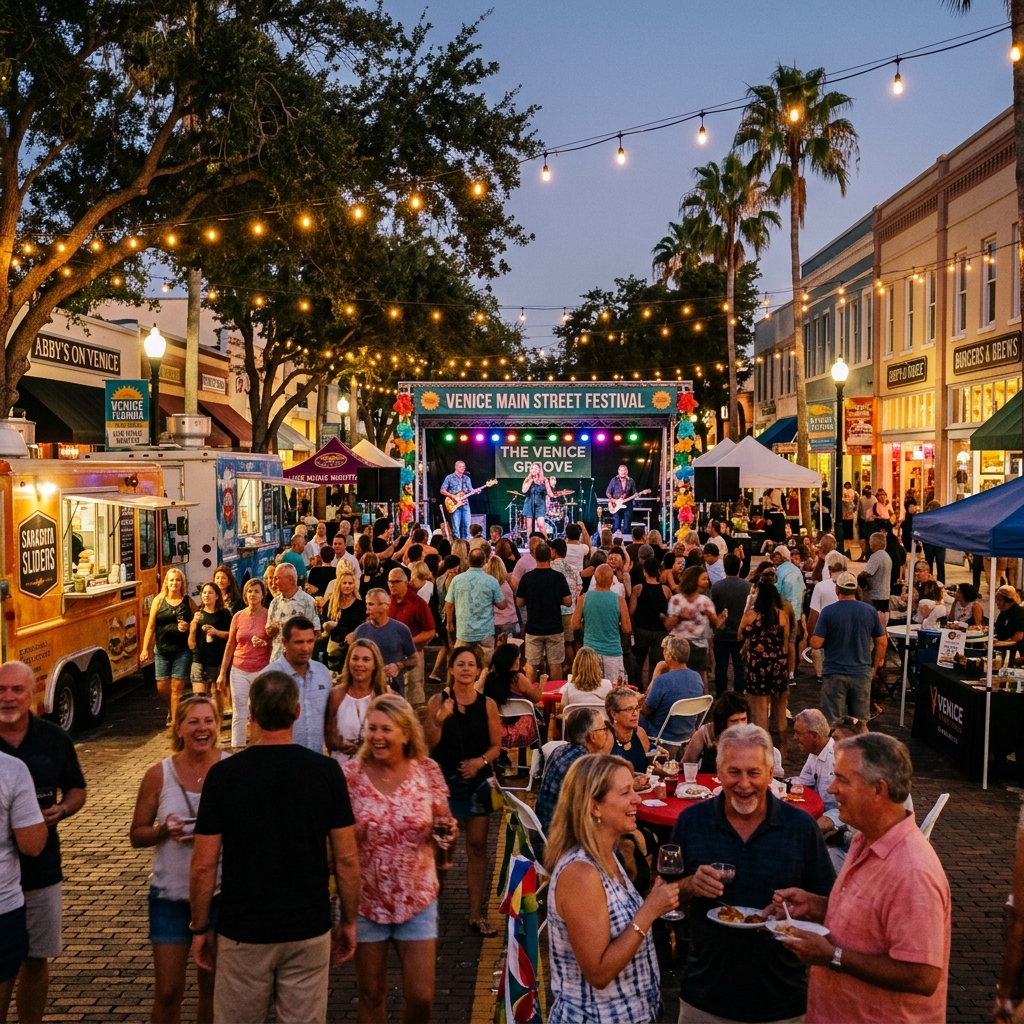 A stunning evening festival in Venice Florida with string lights and live music