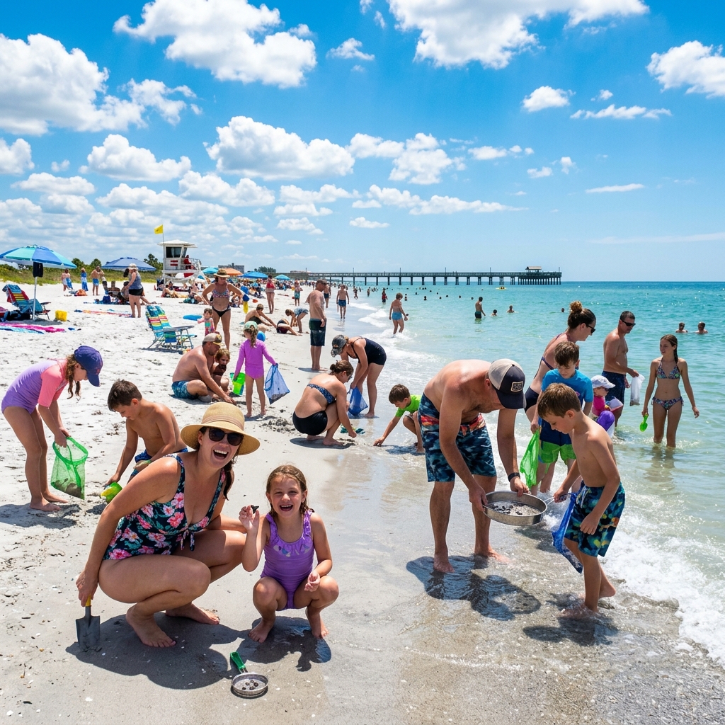 Families searching for shark teeth on a bright sunny day at Venice Beach Florida